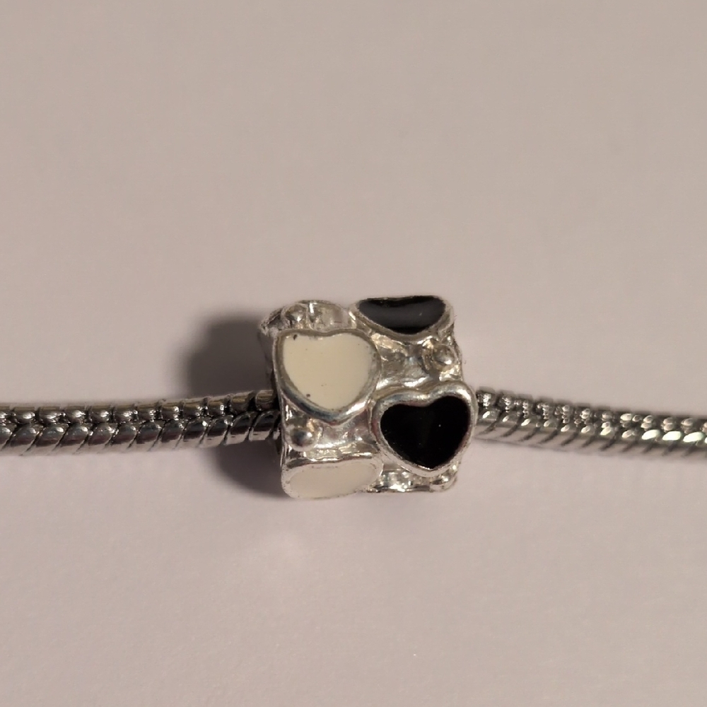 Silver Black And Cream‎ Heart Charm for Pandora Style Bracelet